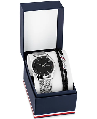 Tommy Hilfiger Men's Quartz Silver-Tone Stainless Steel Bracelet Watch Set, 40mm