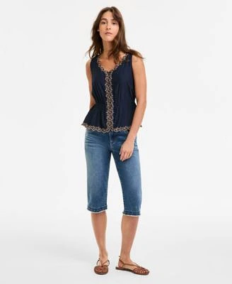 Democracy Womens Embroidered Peplum Top Ab Solution Skimmer Fray Hem Cropped Jeans