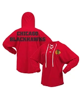 Fanatics Women's Red Chicago Blackhawks Jersey Lace-Up V-Neck Long Sleeve Hoodie T-Shirt