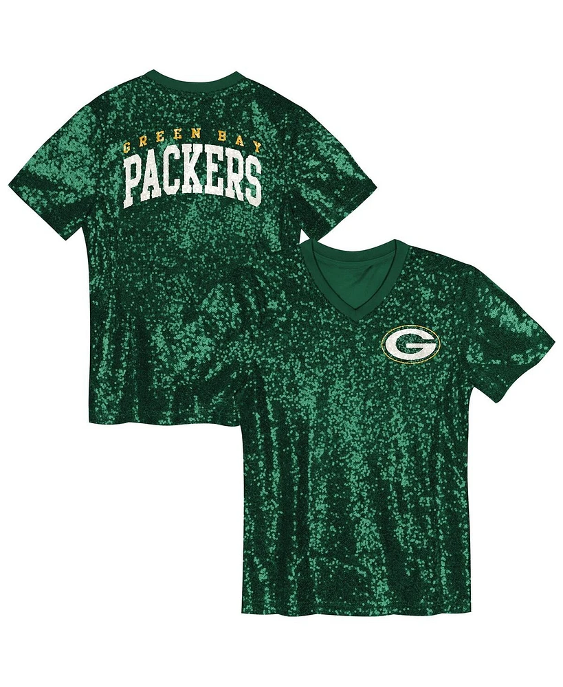 Outerstuff Big Girls Green Bay Packers Wordmark Sequin V-Neck Top