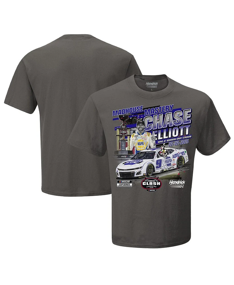 Hendrick Motorsports Team Collection Men's Checkered Flag Sports Charcoal Chase Elliot 2025 Cook Out Clash at Bowman Gray Race Winner T-Shirt