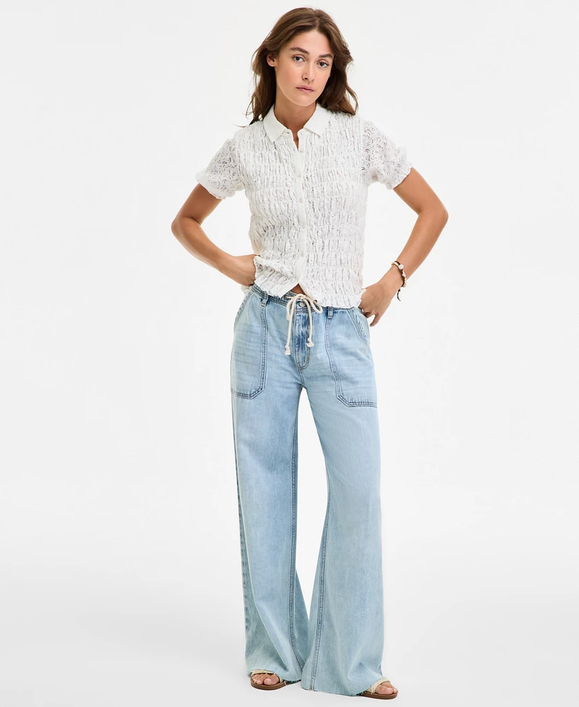 Lucky Brand Women's Patch Pocket Drawstring-Waist Wide-Leg Jeans