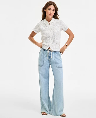 Lucky Brand Women's Patch Pocket Drawstring-Waist Wide-Leg Jeans