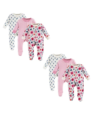 Touched by Nature Baby Girls Organic Cotton Sleep and Play, Garden Floral 6-Piece, 6-9 Months