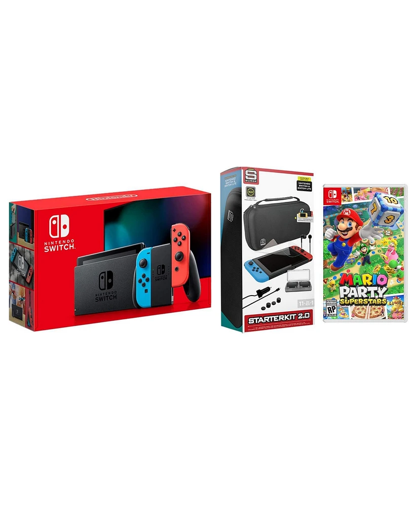 Nintendo Switch 32GB Console Neon Red/Blue Joy-Con Bundle with Surge 11-In-1 Accessory Starter Pack and Mario Party Superstars