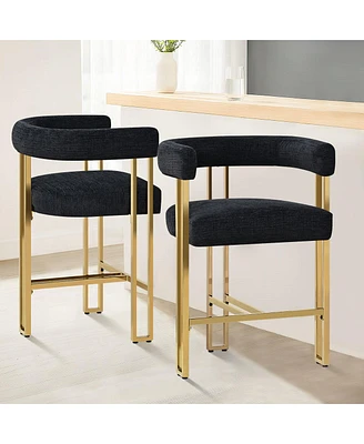 Set of 2 Counter Height Bar Stools, 25" Upholstered Chairs with Gold Metal Legs, Curved Back & Armrests-Maison Boucle