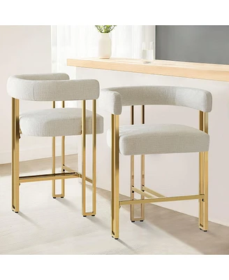 Set of 2 Counter Height Bar Stools, 25" Upholstered Chairs with Gold Metal Legs, Curved Back & Armrests-Maison Boucle