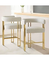 Set of 2 Counter Height Bar Stools, 25" Upholstered Chairs with Gold Metal Legs, Curved Back & Armrests-Maison Boucle