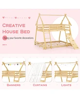 Twin Over Queen Bunk Bed Wooden Kids Bed with Climbing Nets and Ramp