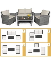 Gymax 4 Piece Outdoor Furniture Set Patio Rattan Conversation Set w/ Cushions