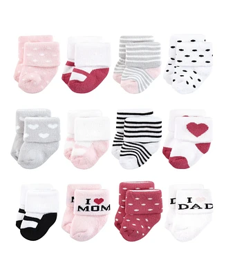Hudson Baby Girls Cotton Rich Newborn and Terry Socks, Mom Dad Pink Black, 0-6 Months