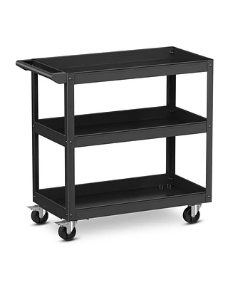 3-Tier Metal Utility Cart Trolley Tool with Flat Handle and 2 Lockable Universal Wheels