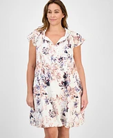 Robbie Bee Plus Floral-Print Tie-Neck Shift Dress