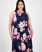 Robbie Bee Plus Floral-Print Pleat-Neck Jersey Dress