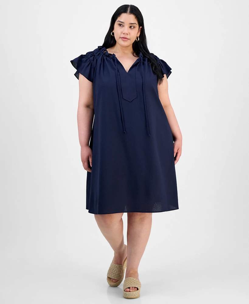 Robbie Bee Plus Flutter-Sleeve Tie-Neck Shift Dress