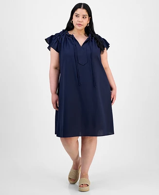 Robbie Bee Plus Flutter-Sleeve Tie-Neck Shift Dress