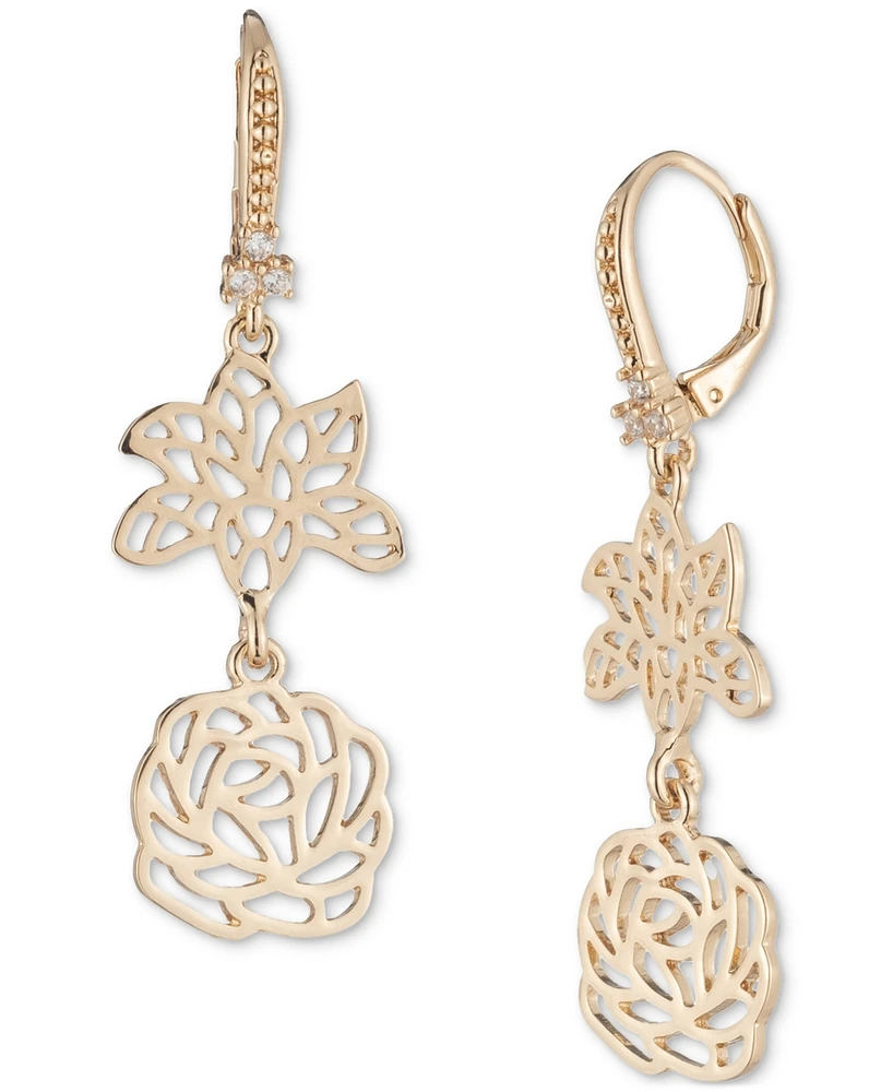 Marchesa Gold-Tone Crystal Openwork Flower Double Drop Earrings