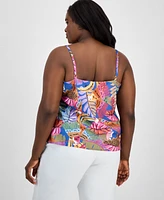 Tahari Asl Plus Printed Satin Draped-Neck Camisole Top
