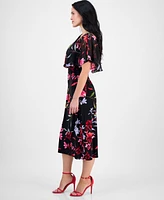 Connected Petite Printed Cape-Overlay Midi Dress