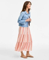 Liverpool Los Angeles Womens Striped Denim Cropped Shacket Flutter Sleeve Maxi Dress