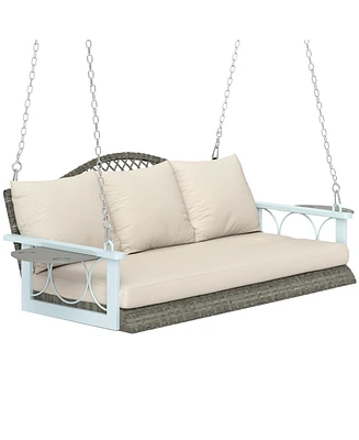 Outsunny Wicker Porch Swing, Hanging Swing Bench with Cup Holder, Natural