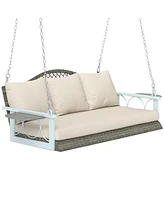 Outsunny Wicker Porch Swing, Hanging Swing Bench with Cup Holder, Natural