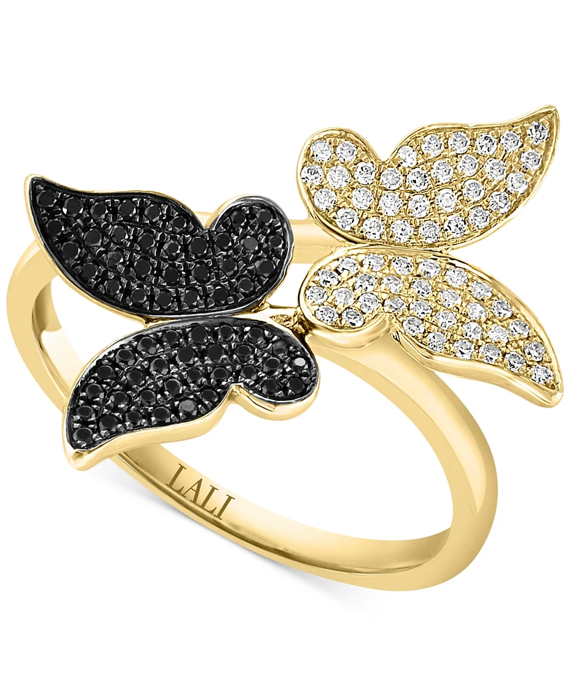 Lali Jewels Black & White Diamond Butterfly Ring (1/3 ct. t.w.) in 14k Gold