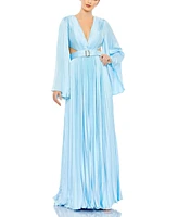 Mac Duggal Women's Long Sleeve Lace up Back Charmeuse Gown