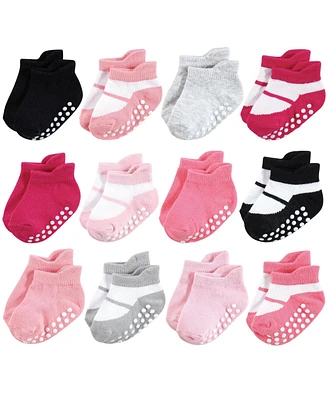 Hudson Baby Girls Non-Skid No-Show Socks, Pink Black, Months