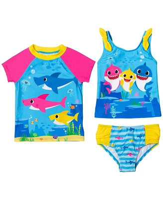 Baby Shark Toddler Girls Rash Guard Tankini Top and Bikini Bottom 3 Piece Swimsuit Set