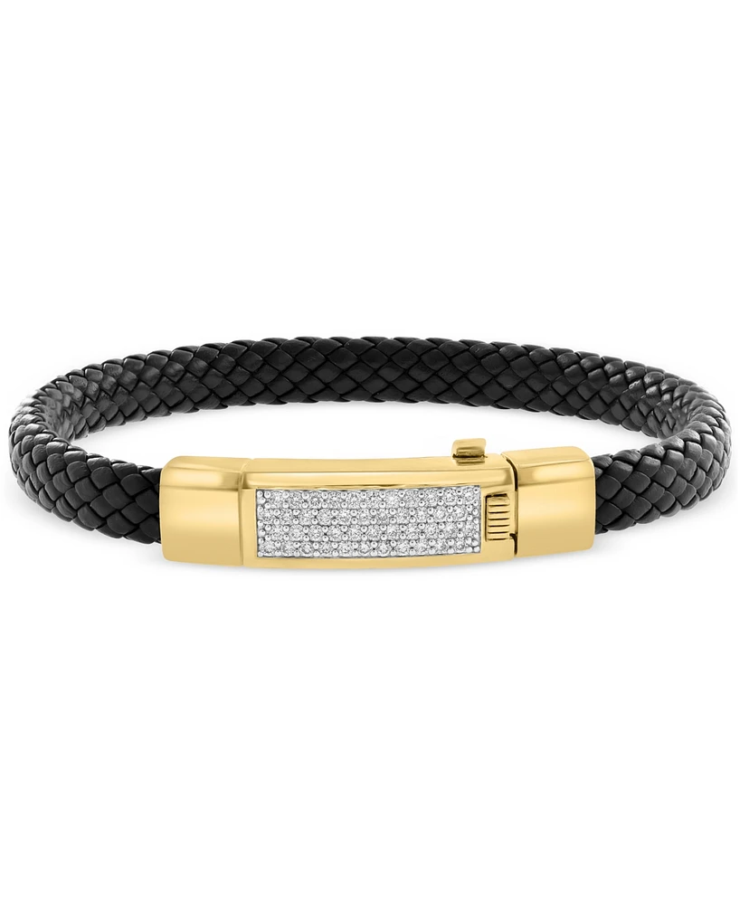 Effy Men's Diamond Pave Woven Black Leather Bracelet (5/8 ct. t.w.) in 18k Gold-Plated Sterling Silver