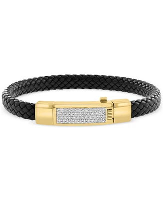 Effy Men's Diamond Pave Woven Black Leather Bracelet (5/8 ct. t.w.) in 18k Gold-Plated Sterling Silver
