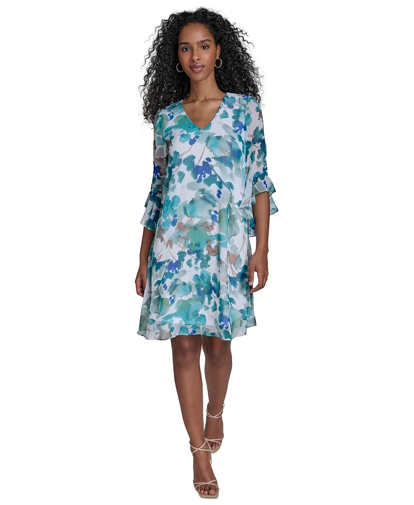 Calvin Klein Women's Floral 3/4-Flutter-Sleeve Shift Dress