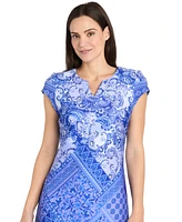 R & M Richards Petite Printed Split-Neck Cap-Sleeve Dress