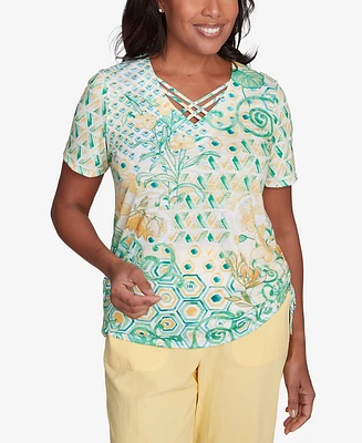 Alfred Dunner Petite Rise & Shine Tropical Geometric Patchwork Top