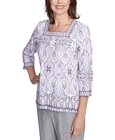 Alfred Dunner Petite Crystal Springs Border Medallion Kaleidoscope Top