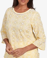 Alfred Dunner Petite Rise & Shine Embroidered Floral Eyelet Bell Sleeve Top