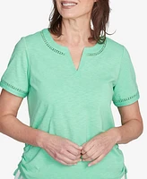 Alfred Dunner Petite Rise & Shine Dot Lace Trimmed Short Sleeve Top