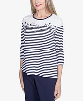 Alfred Dunner Petite Land of The Free Striped Star Studded Crew Neck Top