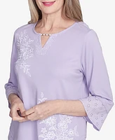 Alfred Dunner Petite Crystal Springs Floral Embroidered Eyelet Sleeve Top