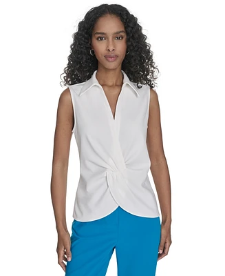 Calvin Klein Petite Collared Twist-Front Sleeveless Shirt