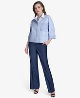 Halston Women's Striped Cotton Roll-Tab-Sleeve Button-Front Shirt