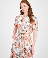 Kasper Tropical Floral Cotton Short-Sleeve Dress, Regular & Petite Sizes