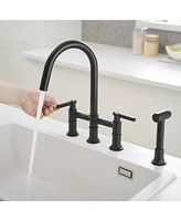 Modern Double Handle 4-Holes Deck Mount Bridge Kitchen Faucet with Side Sprayer Sink Faucet 360 Swivel Spout in Black