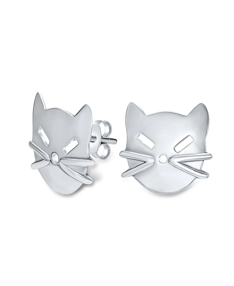 Bling Jewelry Curious Cat Face Stud Earrings in Sterling Silver - Cute Kitten Design