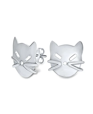 Bling Jewelry Curious Cat Face Stud Earrings in Sterling Silver - Cute Kitten Design