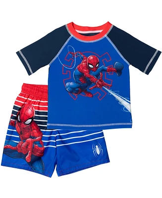 Spider-Man Toddler Boys Marvel Upf 50+ Cosplay Rash Guard and Swim Trunks Outfit Set