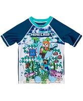 Minecraft Boys Zombie Creeper Alex Steve Rash Guard and Swim Trunks Outfit Set to