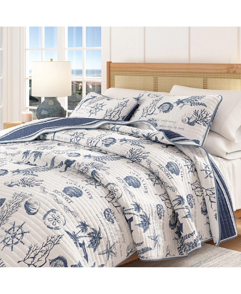 Linery & Co. Cotton Stitched Reversible Coastal 3 Piece Quilt and Sham Set