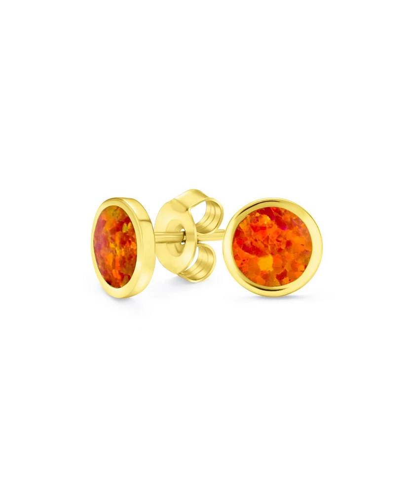 Bling Jewelry Minimalist Round Created Orange Fire Opal Bezel Setting Stud Earrings Yellow Gold Plated .925 Sterling Silver 5MM
